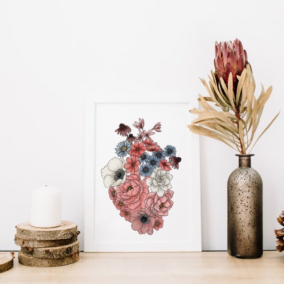 Anatomical heart drawing, botanical art print, botanical artwork, heart art print, nursery decor, floral heart, heart warrior