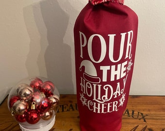 Bolsa para botellas de vino "Pon alegría navideña" roja