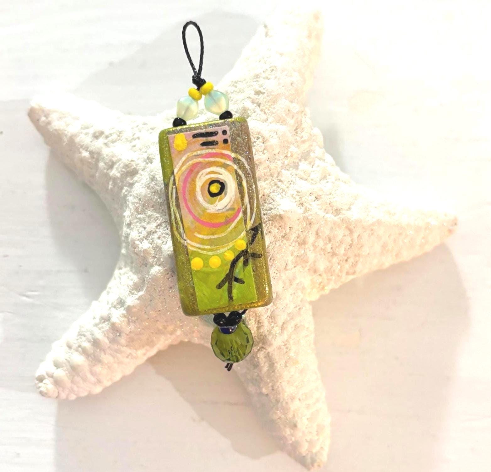 Hand made Beads.  Recycled painted sealed OOAK. Pendant, purse fob, junk ephemera
