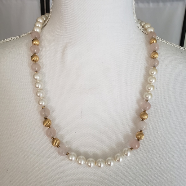 Vintage Napier Single Strand Beaded Necklace, Faux Pearls With Gold and Pastel Pink Beads