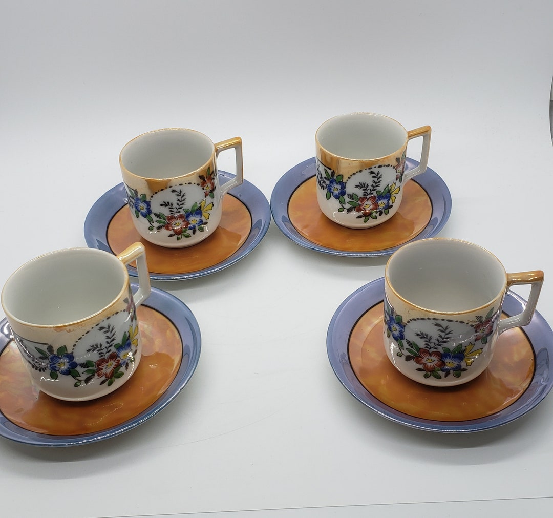 Four Lusterware Demitasse Cups and Saucers Blue Gold Floral Japan - Etsy