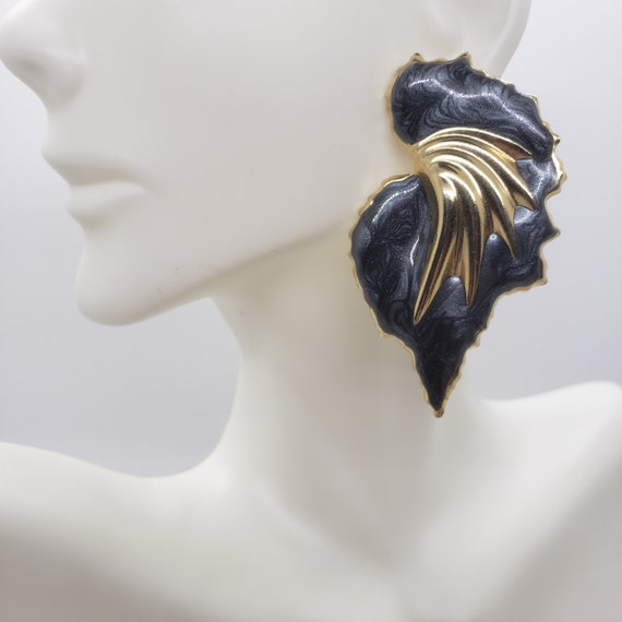 Vintage 80s Angel Wing Statement Earrings Dark Gr… - image 1