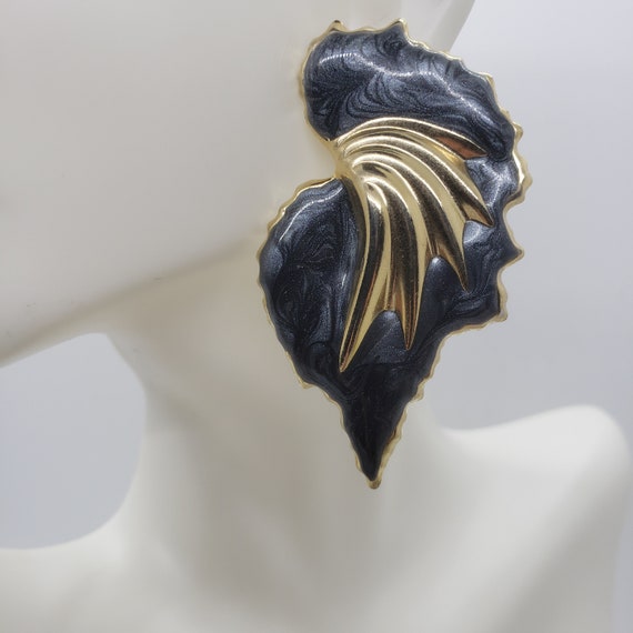 Vintage 80s Angel Wing Statement Earrings Dark Gr… - image 8