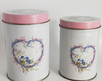 Two Vintage 90s LOOMCO Blue Birds and Hearts Tins