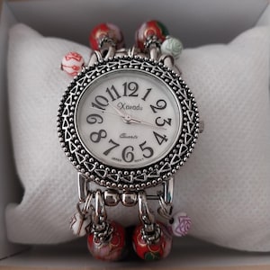 Elegant Vintage Cloisonné Bracelet Watch – Red Beads with Floral Accents by Xanadu