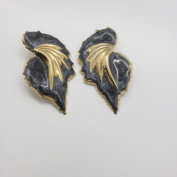 Vintage 80s Angel Wing Statement Earrings Dark Gr… - image 2