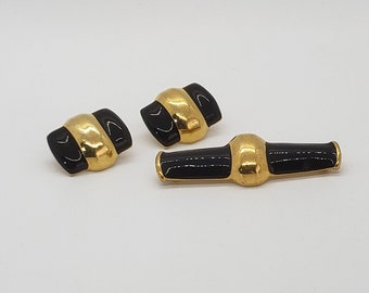 Vintage 80s Monet Bar Brooch Pin and Earring Set Black & Gold Tone