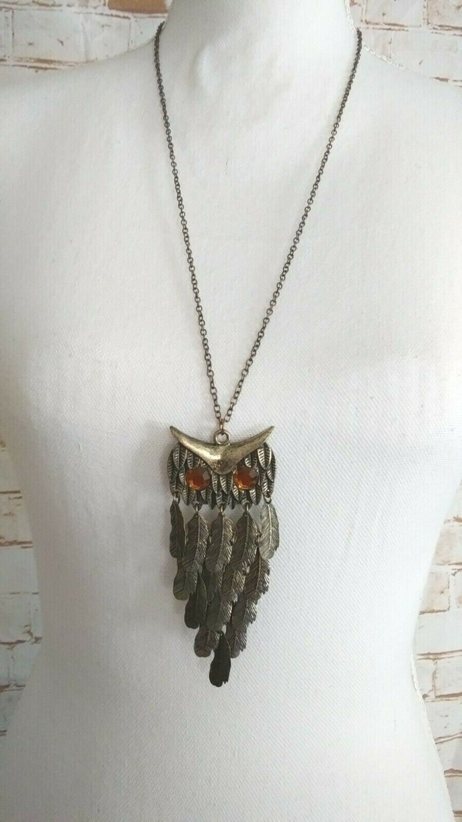 Vintage Goldtone Metal Articulated Owl Necklace With Orange Rhinestone Eyes