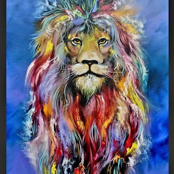 Bright Lion Art- Lion Art- Wildlife Painting- Modern Lion oil painting- Multi-Colored Animal impasto- Fine Art