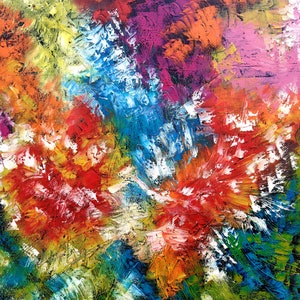 May include: Abstract painting with a textured, impasto style. The artwork features a vibrant explosion of colors, including red, orange, yellow, green, blue, and purple. The brushstrokes are thick and visible, creating a dynamic and energetic composition.