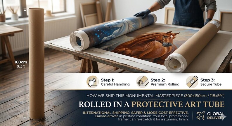 May include: A rolled canvas print of a horse painting, with a blue and white starry sky, is being prepared for shipping. The artwork is rolled and placed in a protective art tube, 63 inches (160cm) tall. The image shows the steps for careful handling.