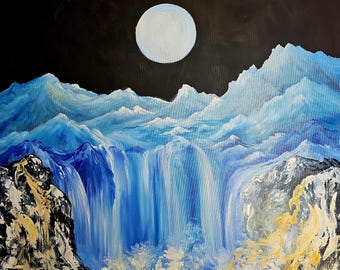 Luna mistica sulle Blue Mountains, dipinto ad olio originale, paesaggio notturno di luna piena su tela, cascata, formato personalizzato, regalo