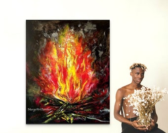 Benutzerdefinierte Feuergemälde Originale Ölkunst, Auftragsarbeit Impasto Lagerfeuer auf Leinwand, benutzerdefinierte Größe Abstraktes Porträt von Feuer, personalisierte Flammenkunst