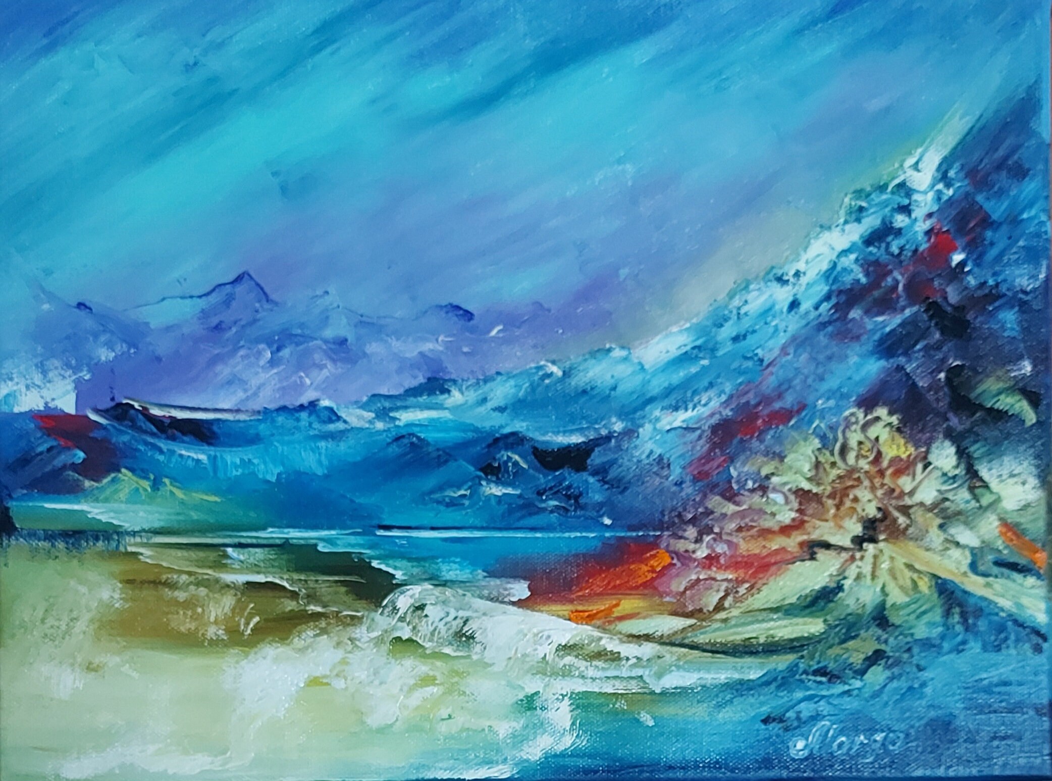 Mountain Painting- Impasto-Unreal Landscape-Universe Artwork-Mountains Art-Original oil painting-Seascape-Blue Lagoon