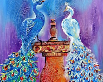 PEACOCK WALL ART- Peacock Couple Painting- Birds Wall Decor- Original Oil Artwork- Beautiful Wall Art- Peacock Lover Gift- Abstract Painting