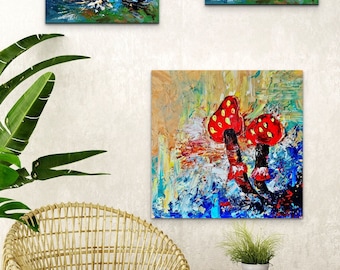Psychedelic Art- Amanita  Mushrooms Painting- Agaric Painting- Mushrooms Wall Art-Psychedelic Art