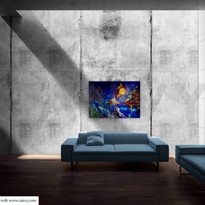 May include: A colorful abstract painting hangs on a concrete wall above a blue sofa. The artwork features a vibrant scene with a large yellow moon, water, and figures. The room has a modern design with dark wood flooring.