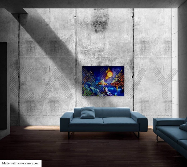 May include: A colorful abstract painting hangs on a concrete wall above a blue sofa. The artwork features a vibrant scene with a large yellow moon, water, and figures. The room has a modern design with dark wood flooring.