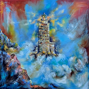 Lighthouse Painting 33&quot;×33&quot; Lighthouse Wall Art Lighthouse Artwork Impasta Original Artwork
