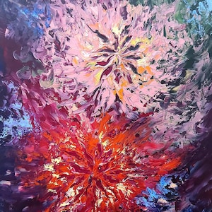 Pequeña abstracción Impasto Neuronrafic Elemento original Pintura al óleo Arte multicolor Flor Pared Arte