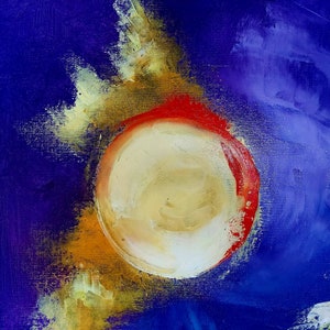 May include: Abstract painting with a large, off-white circle outlined in red, set against a deep blue background. Golden and yellow brushstrokes radiate from the circle, creating a dynamic composition. The artwork has a textured appearance.