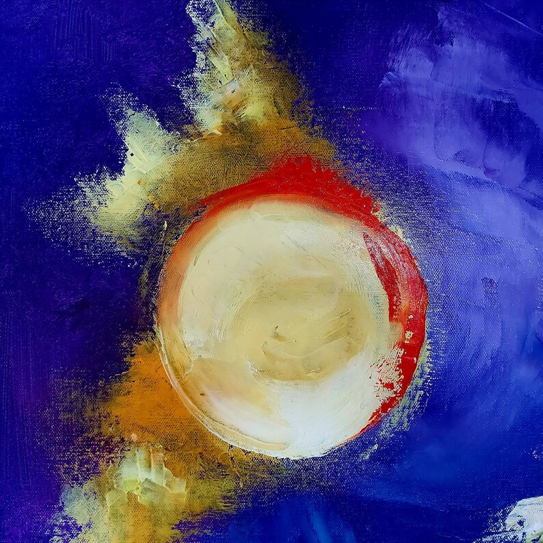 May include: Abstract painting with a large, off-white circle outlined in red, set against a deep blue background. Golden and yellow brushstrokes radiate from the circle, creating a dynamic composition. The artwork has a textured appearance.