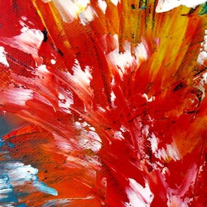 May include: Abstract painting with bold brushstrokes in shades of red, orange, yellow, white, and blue. The artwork features a textured surface, creating a dynamic and energetic composition. The style suggests an expressionistic approach.