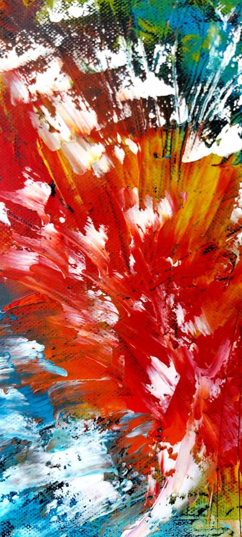 May include: Abstract painting with bold brushstrokes in shades of red, orange, yellow, white, and blue. The artwork features a textured surface, creating a dynamic and energetic composition. The style suggests an expressionistic approach.