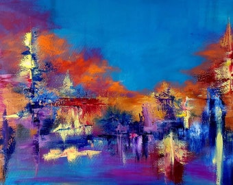 Vibrant Abstract Oil Painting, Colorful Cityscape Wall Art, Modern Impressionist Canvas, Blue and Orange Sunset Decor 24x36 in