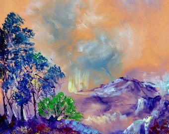 Pink Blue Forest landscape-Ususual Forest artwork-Lake Painting-Extraordinari\y Landscape-Unreal Forest Art