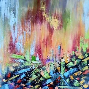 Könnte beinhalten: Abstrakte Malerei mit einer lebendigen Mischung aus Farben. Das Kunstwerk zeigt breite Pinselstriche in Rot-, Orange-, Gelb-, Grün-, Blau- und Schwarztönen, wodurch eine strukturierte und dynamische Komposition entsteht. Das Gemälde weckt ein Gefühl von Energie und Bewegung.