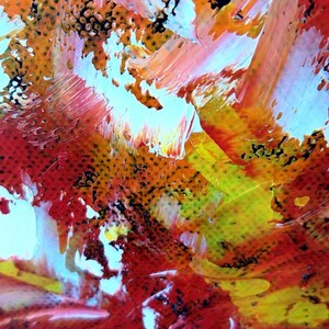 May include: Abstract painting with a textured, layered appearance. Dominant colors are red, orange, and yellow, with accents of black and white. The artwork has a dynamic, expressive style, with visible brushstrokes and a sense of movement. The artist's signature, "MargoArtPanther", is visible.