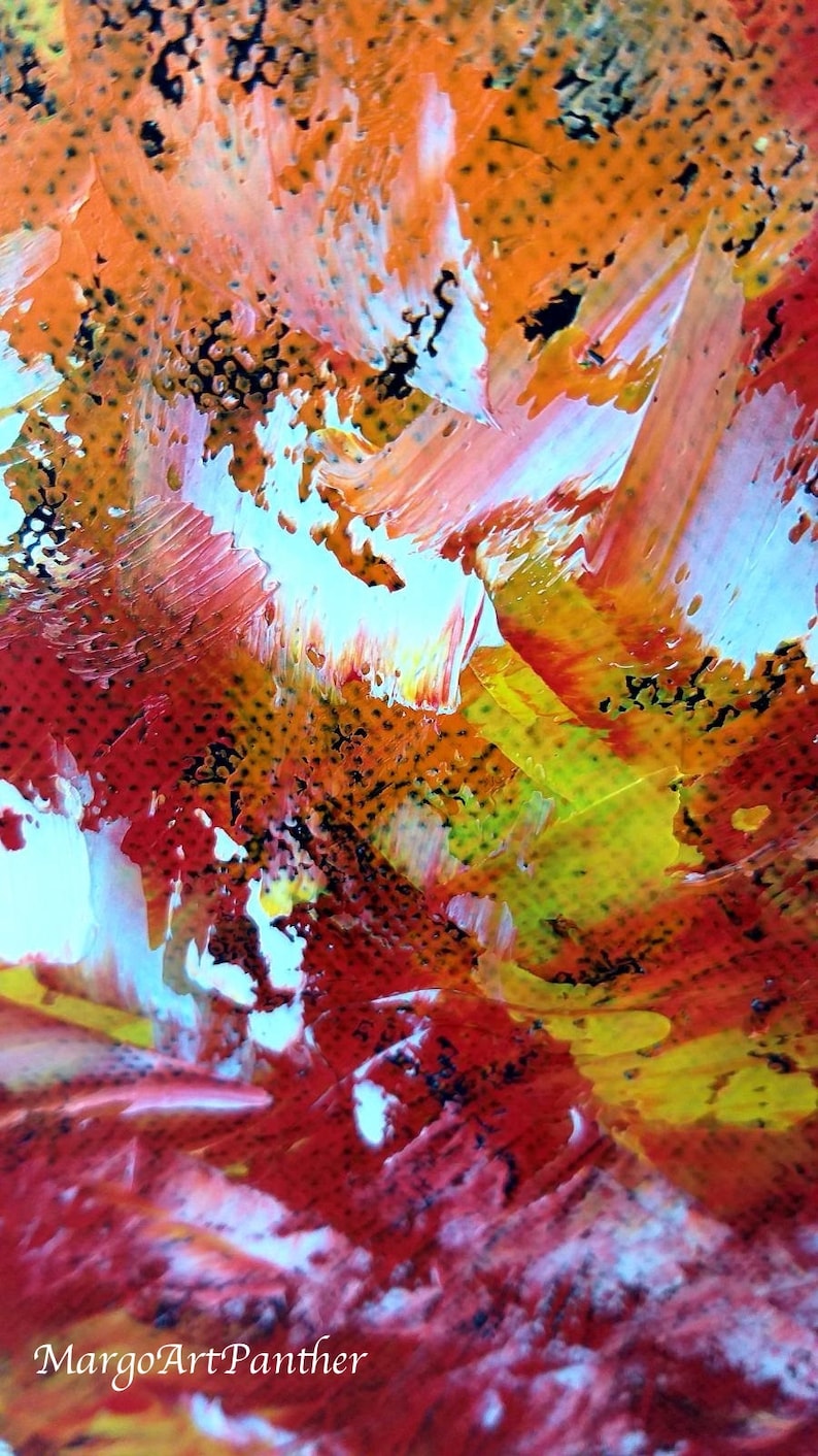 May include: Abstract painting with a textured, layered appearance. Dominant colors are red, orange, and yellow, with accents of black and white. The artwork has a dynamic, expressive style, with visible brushstrokes and a sense of movement. The artist's signature, "MargoArtPanther", is visible.