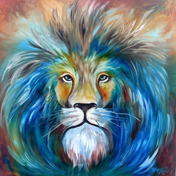 Lion lumineux peinture Lion Art faune peinture moderne Lion peinture à l’huile animal multicolore impasta Fine Art