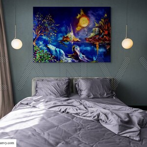 May include: A large, colorful landscape painting hangs above a bed with gray bedding. The artwork depicts a vibrant scene with a bright yellow sun, mountains, and a body of water. Two spherical pendant lights hang on either side of the painting.