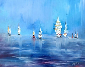 Sails Abstract Painting-Seascape Artwork-Sailing ship Painting Impasto-Sailboat Artwork-Sailing ship Artwork-Sailing Vessel-Sailfish Paint