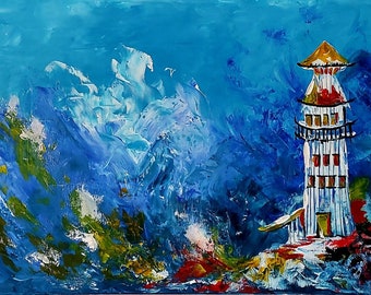 Lighthouse ''PHAROS''  Original Handwritten Acrylic Painting Lighthouse wall art Artwork impasto acrylic painting