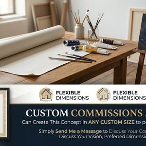 May include: A wooden table in an art studio displays art supplies. A canvas roll, paint tubes, brushes, and a painting of a white horse on an easel are visible. A framed certificate and text that reads "CUSTOM COMMISSIONS AVAILABLE" are also present.