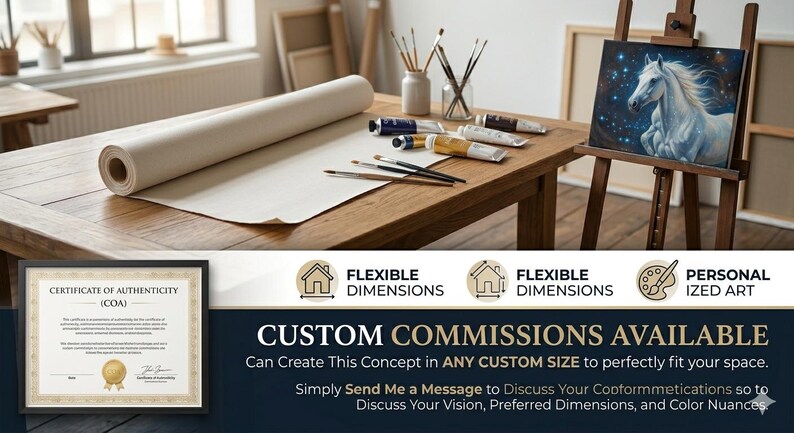 May include: A wooden table in an art studio displays art supplies. A canvas roll, paint tubes, brushes, and a painting of a white horse on an easel are visible. A framed certificate and text that reads "CUSTOM COMMISSIONS AVAILABLE" are also present.