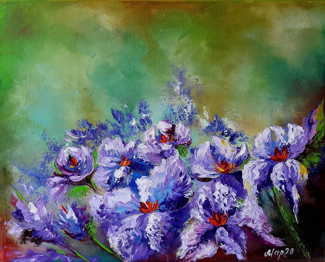 Iris Flower Oil Painting Violet Artwork Garden Art Original Art Floral ...