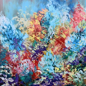Pequeña abstracción Impasto Elemento neuronrafic Pintura al óleo original Arte multicolor Arte de pared de flores