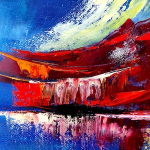 May include: Abstract landscape painting with bold brushstrokes. The artwork features a vibrant color palette of deep reds, oranges, and blues, creating a dynamic and textured visual experience. The composition evokes a sense of depth and movement.