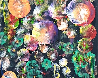 Абстрактное счастье, жидкий акрил, настенное искусство, 16x16 дюймов/40x40 см, картина синего цвета, домашний декор