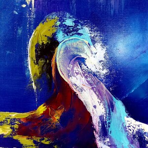 May include: Abstract oil painting with a vibrant color palette. The artwork features bold brushstrokes in shades of blue, yellow, red, and white, creating a dynamic and textured composition. The painting evokes a sense of movement and depth.
