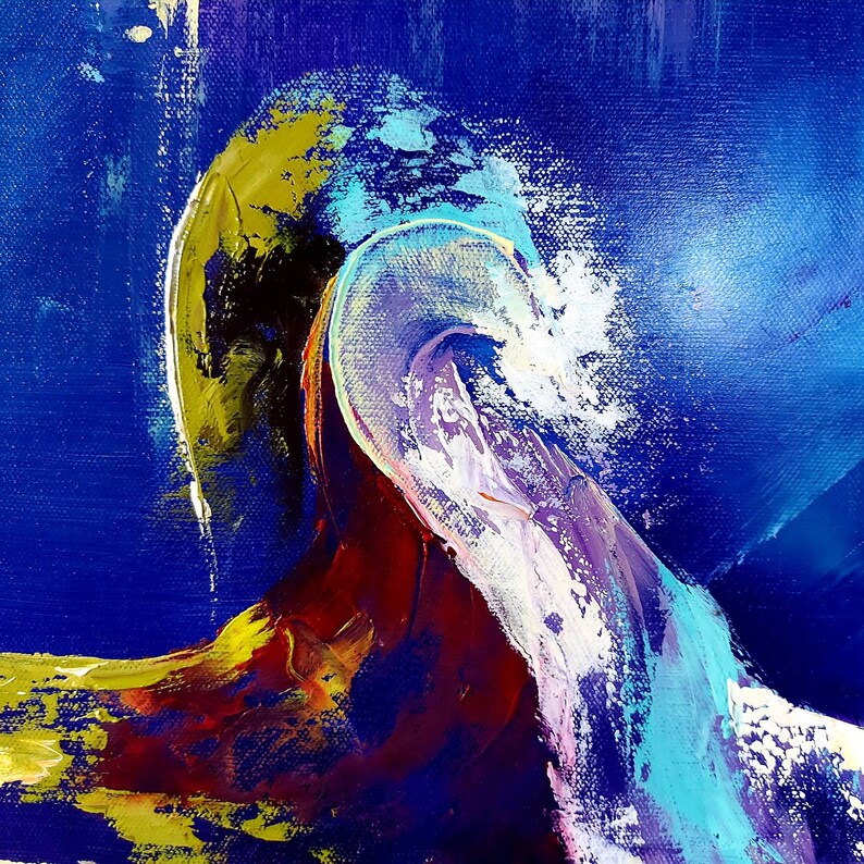 May include: Abstract oil painting with a vibrant color palette. The artwork features bold brushstrokes in shades of blue, yellow, red, and white, creating a dynamic and textured composition. The painting evokes a sense of movement and depth.