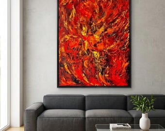 静寂の炎の油絵 - 抽象的な炎と静寂の壁アート、感情的なファイン