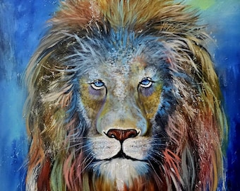 Original Lion Oil Painting - Colorful Wildlife Fine Art - Large 24x30 canvas -Animal Portrait - Vibrant Rainbow Lion Wall Art