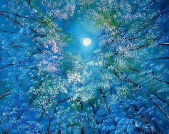 Forest Artwork-Moon Painting- Blue Forest Oil Painting-Personal Art-Exclusive Artwork-Perfect Gift