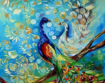 Peacock Painting- Bird Peacock Wall Art-Original oil painting Impasto-Bright color Peacock wall art-Loving couple of Peacocks painting