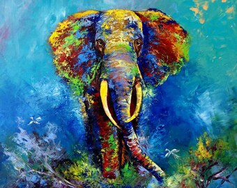 Elephant Painting-Elephant Artwork-Elephant Art-Bright Elephant Wall Art-Large Elephant Art